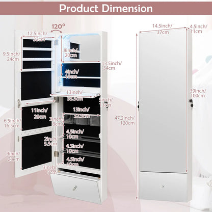 120cm LED Jewelry Mirror Cabinet Wall Mounted Jewelry Armoire Organizer