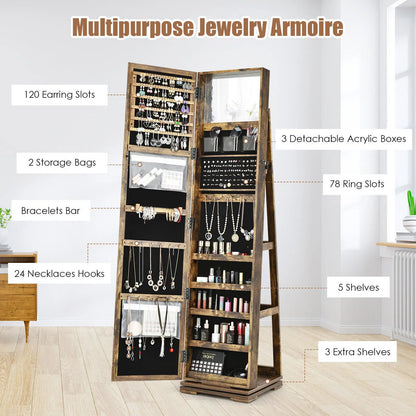 Free Standing Jewelry Armoire 360 Rotating Mirrored Jewelry Cabinet With Lock