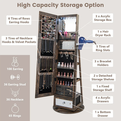 360° Rotating Jewelry Armoire Full Length Mirrored Freestanding Makeup Cabinet