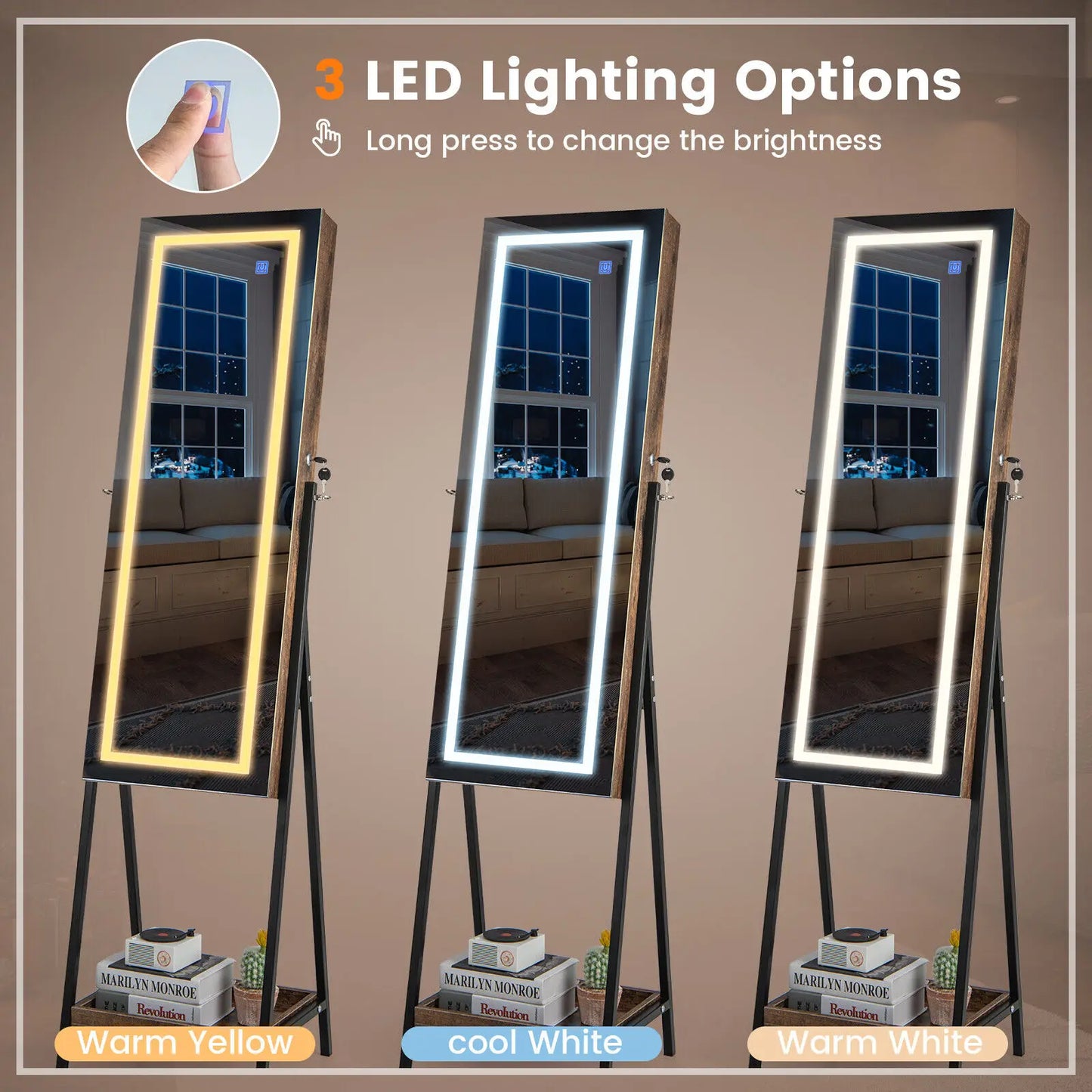 LED Standing Jewelry Mirror Cabinet 63"H Lockable Jewellery Armoire Organizer