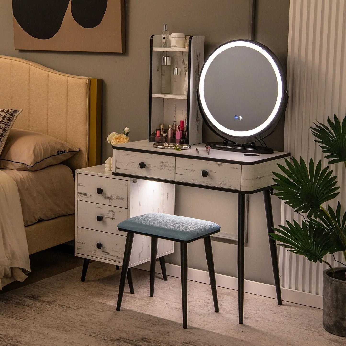 Vanity Set with 3-Color Lighted Mirror, Makeup Table w/ Cushioned Stool, 3-Drawer Chest