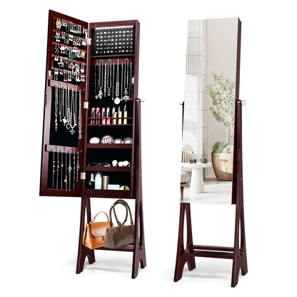 LED Standing Mirror Jewelry Cabinet Makeup Armoire Jewelry Organizer With Shelf