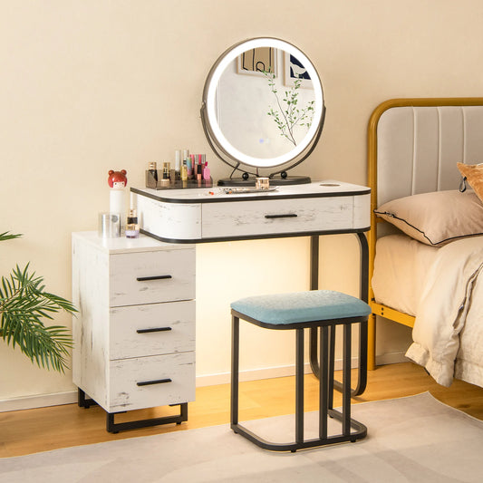 Vanity Table Set with Lighted Mirror, Makeup Table with Cushioned Stool