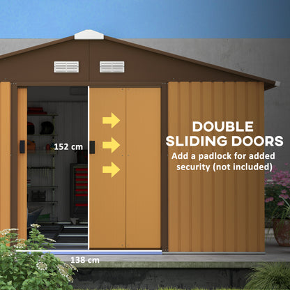 Outsunny 13 x 11ft Metal Garden Shed, Outdoor Storage Tool House with Ventilation Slots, Foundation Kit and Lockable Double Doors, Light Brown