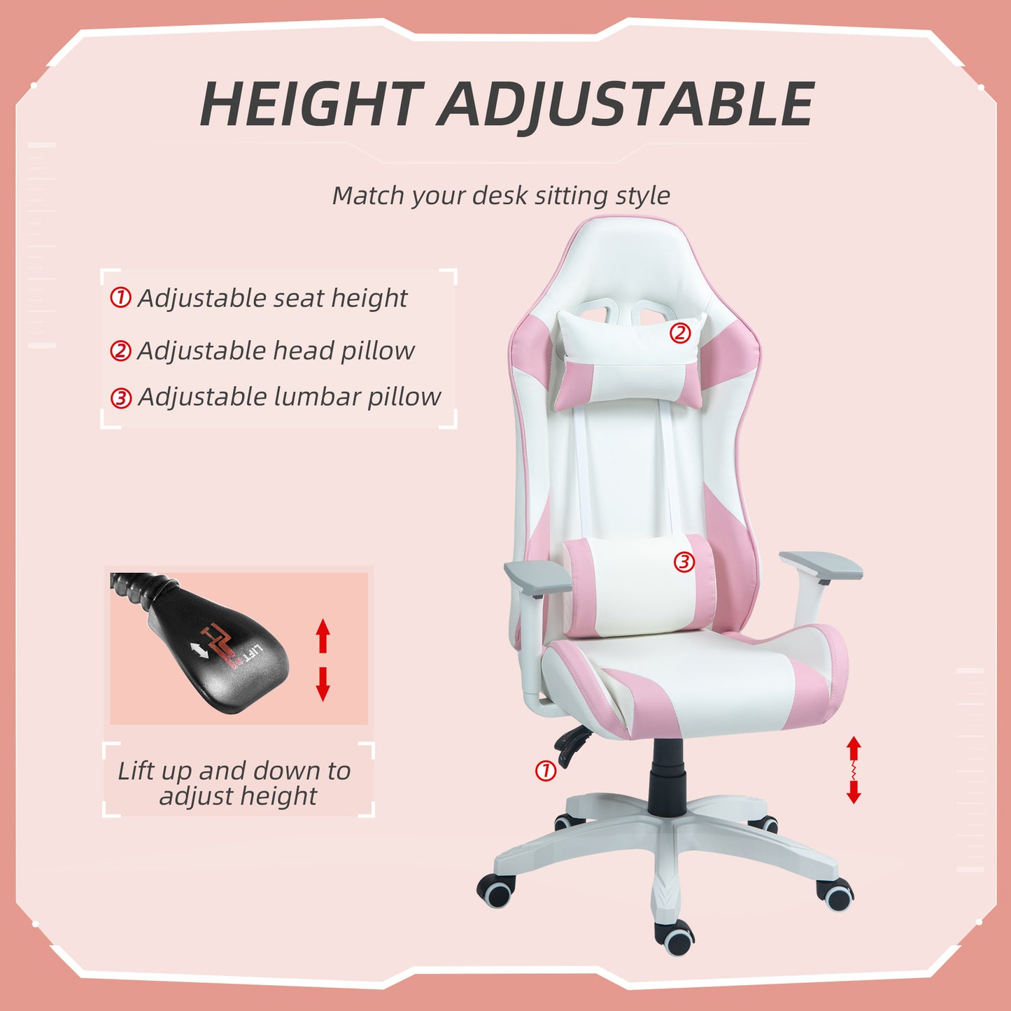 HOMCOM Faux Leather Colour Block Gaming Chair, with 135° Reclining Back - Pink/White