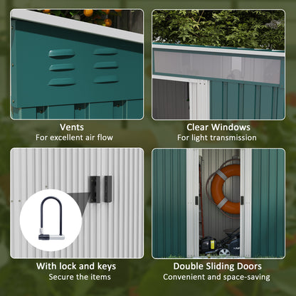 6.5 x 4ft Green Galvanized Metal Shed with Foundation Kit, Lockable Garden Tool Shed, Double Sliding Doors, and Vents