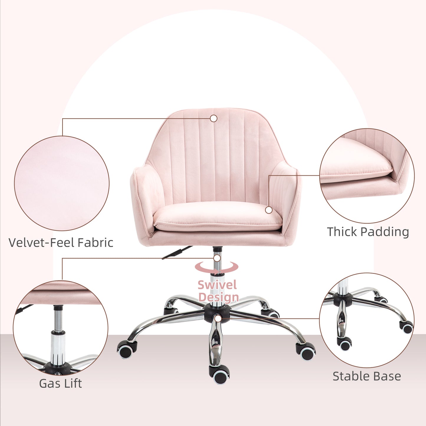 HOMCOM Velvet-Feel Tub Office Chair, with Seat Cushion - Pink