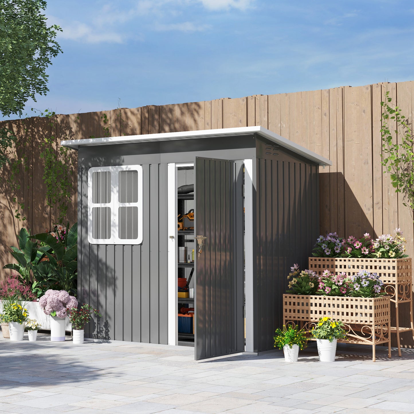 7 x 4ft Grey Galvanized Steel Garden Shed with Lock and Gloves