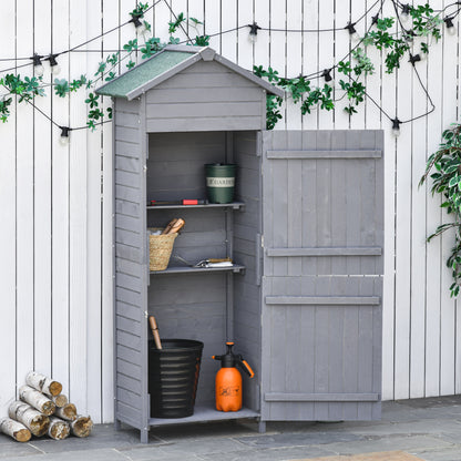 Outsunny Wooden Garden Storage Shed Utility Gardener Cabinet w/ 3 Shelves, Tilted-felt Roof and Two Lockable Doors, 79cm x 49cm x 191.5cm, Dark Grey