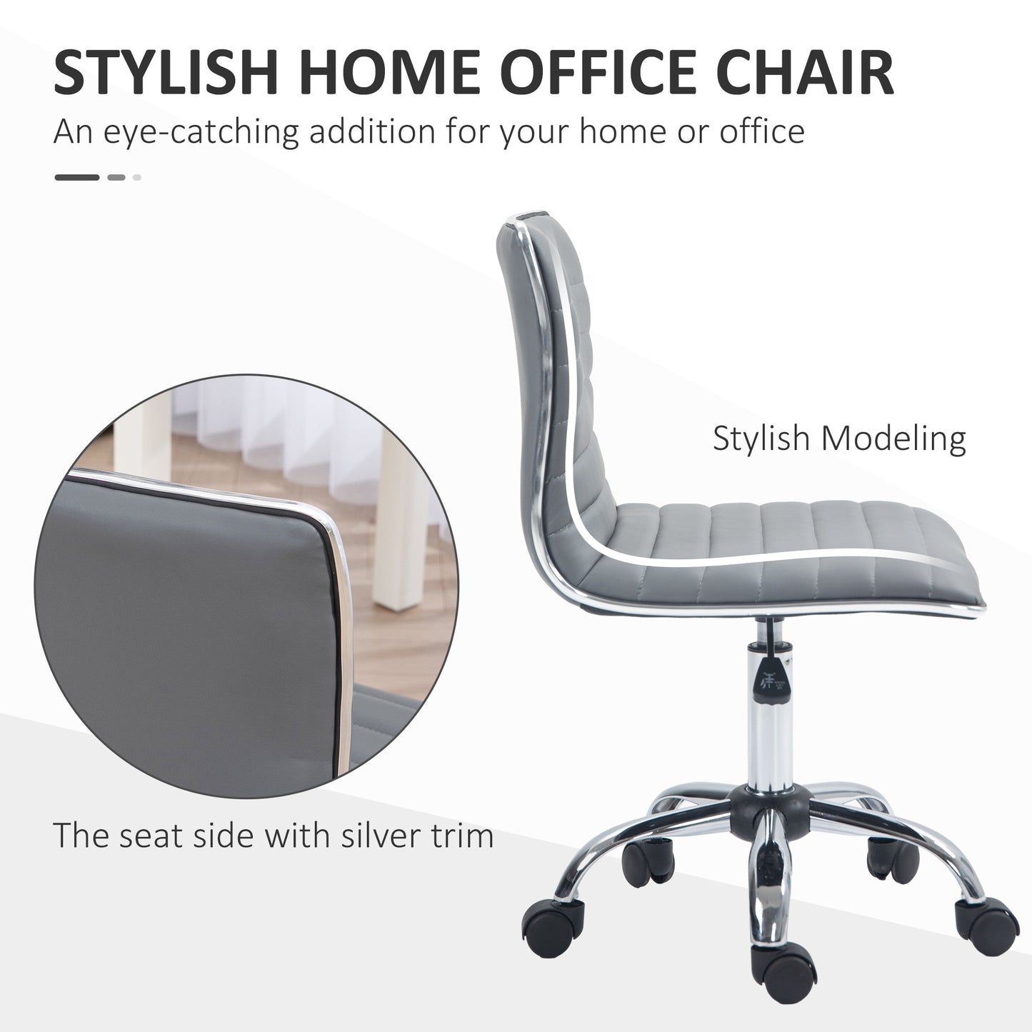 HOMCOM Adjustable Swivel Office Chair with Armless Mid-Back in PU Leather and Chrome Base - Light Grey