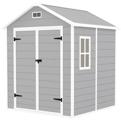 6 x 5ft Light Grey Garden Shed, Plastic Shed with Floor, Window, Lockable Doors, Vents, and Wood-Effect Resin for Outdoor Patio Storage