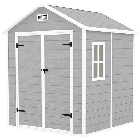 6 x 5ft Light Grey Garden Shed, Plastic Shed with Floor, Window, Lockable Doors, Vents, and Wood-Effect Resin for Outdoor Patio Storage