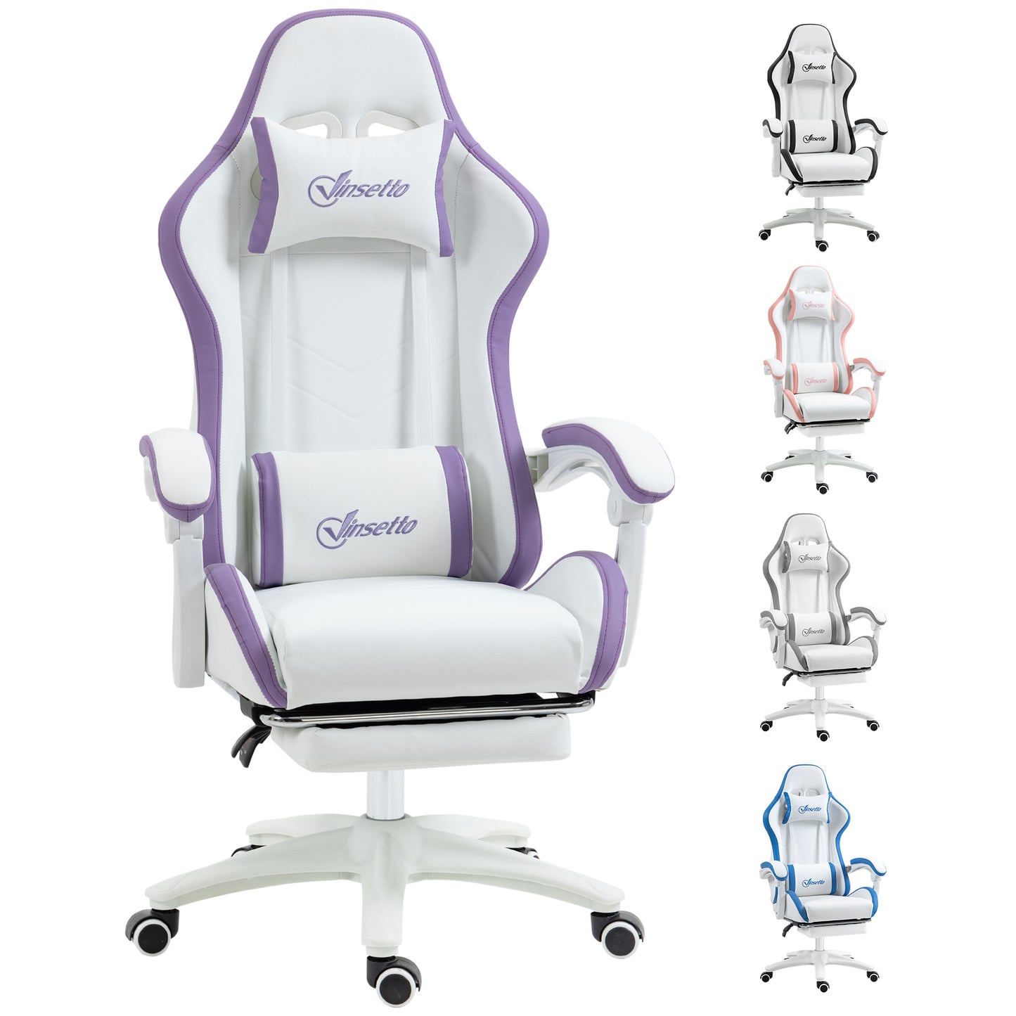 Vinsetto Computer Gaming Chair, PU Leather Desk Chair with Footrest, Swivel Task Chair with 135° Reclining Back and Lumbar Support, PC Chair for Adults, White and Purple