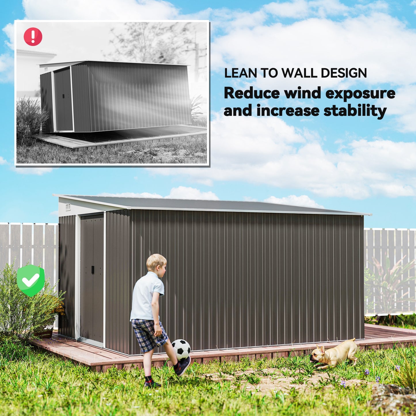 Outsunny 11.3 x 9.2ft Lean to Metal Garden Shed, Outdoor Galvanised Tool Storage House with Double Sliding Doors and 2 Air Vents, Grey