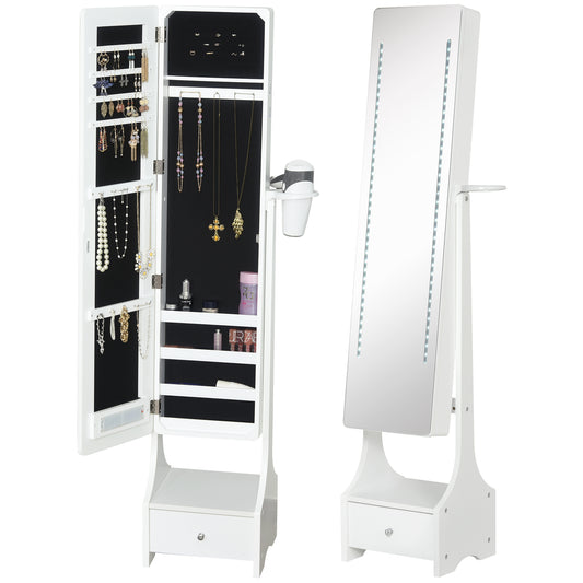 HOMCOM Jewellery Cabinet, Full Length Mirror with Storage, Free Standing Mirror with LED Lights, Hooks, Drawer and Hairdryer Holder for Bedroom, White