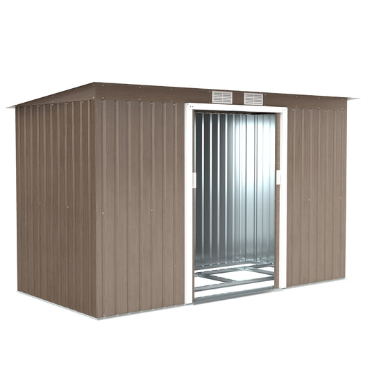 9ft x 4ft Light Grey Wood Grain Metal Garden Shed, Outdoor Tool Storage with Foundation Kit, Ventilation, and Double Doors