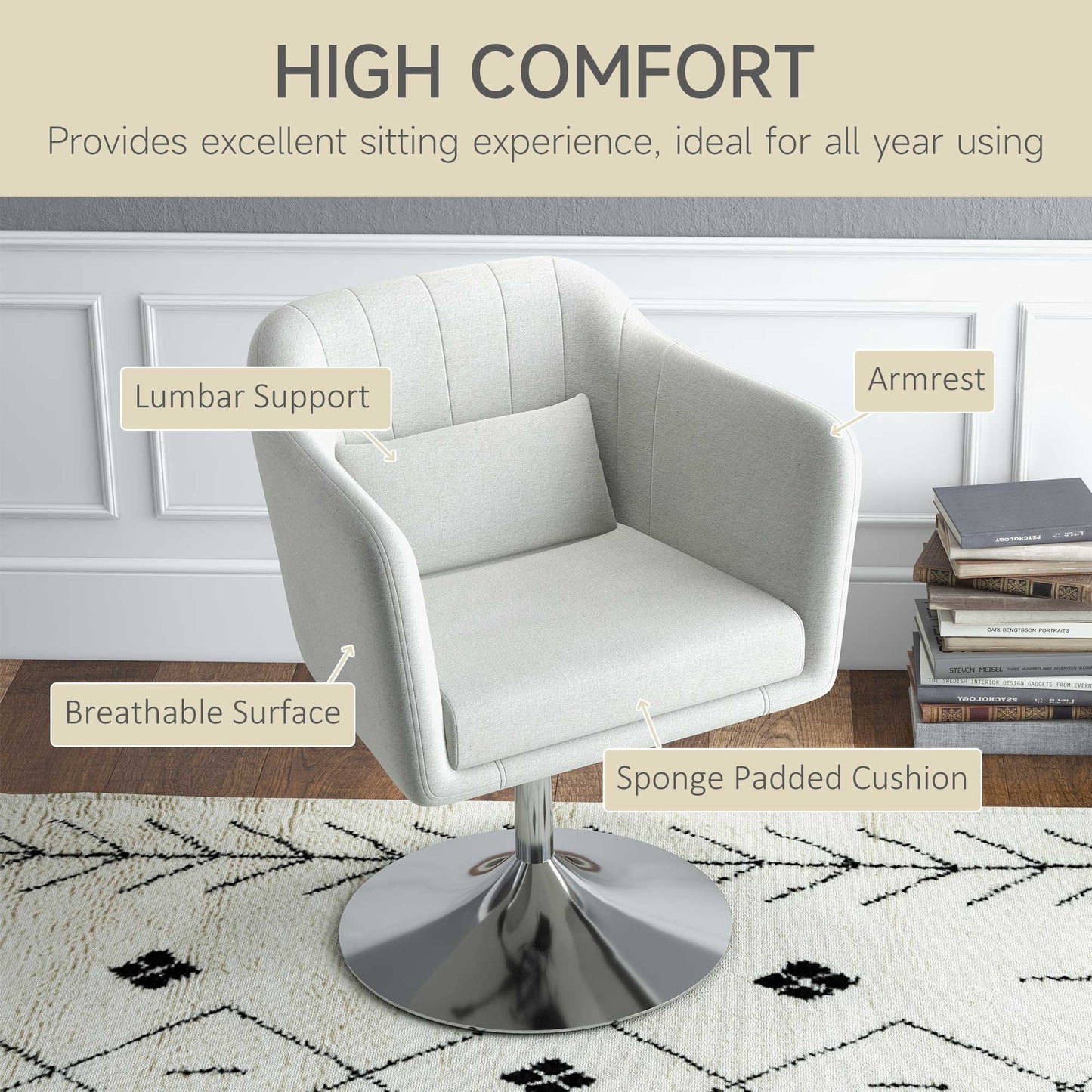 HOMCOM Modern Accent Chair with Swivel Base, Height Adjustable Arm Chair with Pillow for Living Room, Bedroom, Cream White