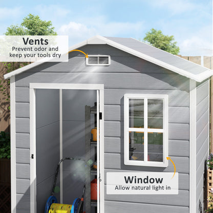 6 x 4ft Grey Plastic Garden Shed, with Floor, Window, Lockable Door, Vents, and Wood-Effect Resin for Outdoor Storage