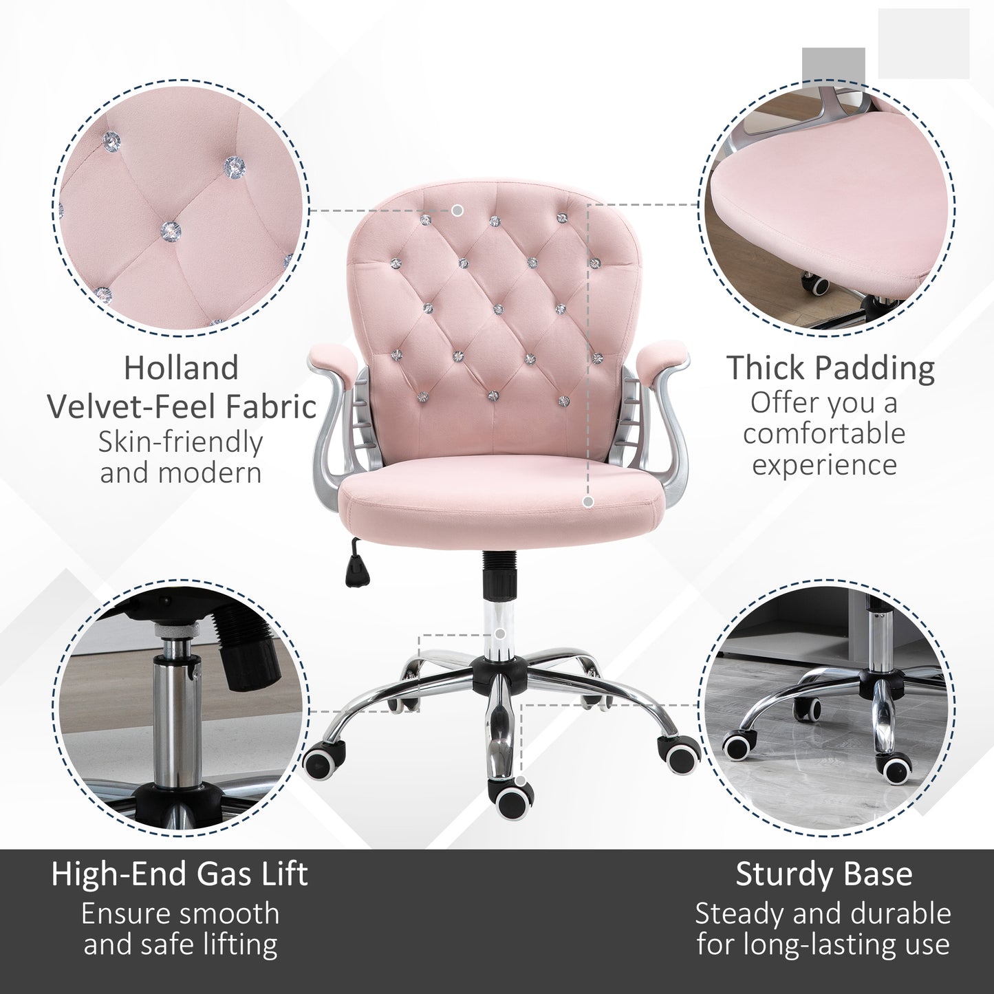 Vinsetto Office Chair, Swivel Desk Chair, Velvet Vanity Chair with Adjustable Height and Rolling Wheels for Home Work Study, Pink