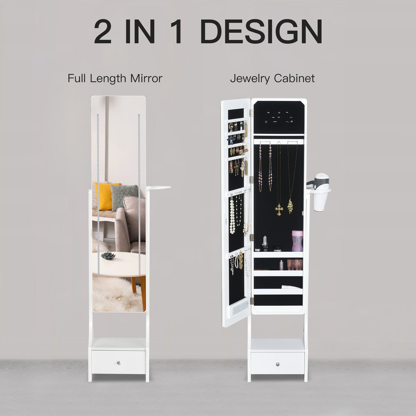 HOMCOM Jewellery Cabinet, Full Length Mirror with Storage, Free Standing Mirror with LED Lights, Hooks, Drawer and Hairdryer Holder for Bedroom, White