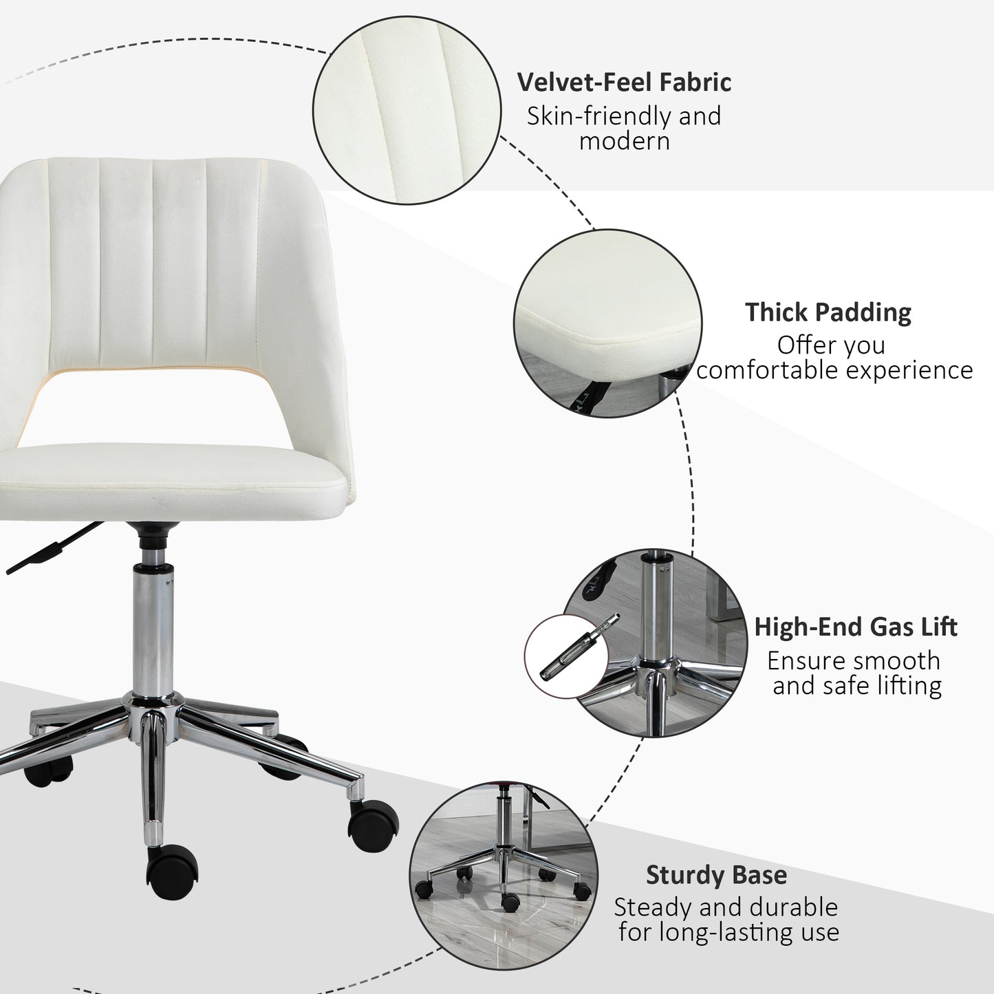 Vinsetto Armless Velvet-Feel Office Chair - Cream White