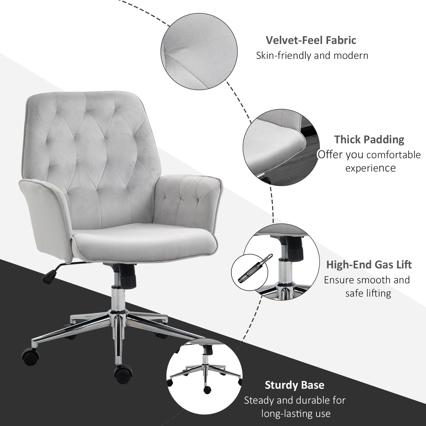 Vinsetto Linen Computer Chair with Armrest, Modern Swivel Chair with Adjustable Height, Light Grey