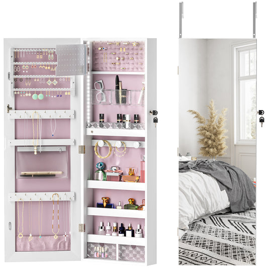 HOMCOM 108 x 37cm Lockable Jewellery Cabinet, with LED Lights - White Surface and Pink Lining