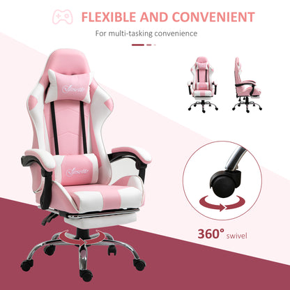 Vinsetto Pink Computer Gaming Chair, Desk Chair with 135° Reclining Back and Retractable Footrest, Adjustable PU Leather Lumbar Support and Headrest, Steel Base for Adults, Girls