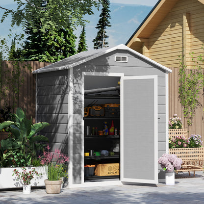6 x 4ft Grey Plastic Garden Shed, with Floor, Window, Lockable Door, Vents, and Wood-Effect Resin for Outdoor Storage