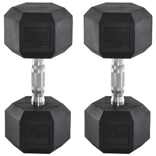 HOMCOM 2x17.5kg Rubber Hex Dumbbell Portable Hand Weights Dumbbell Home Gym Workout Fitness Hand Dumbbell