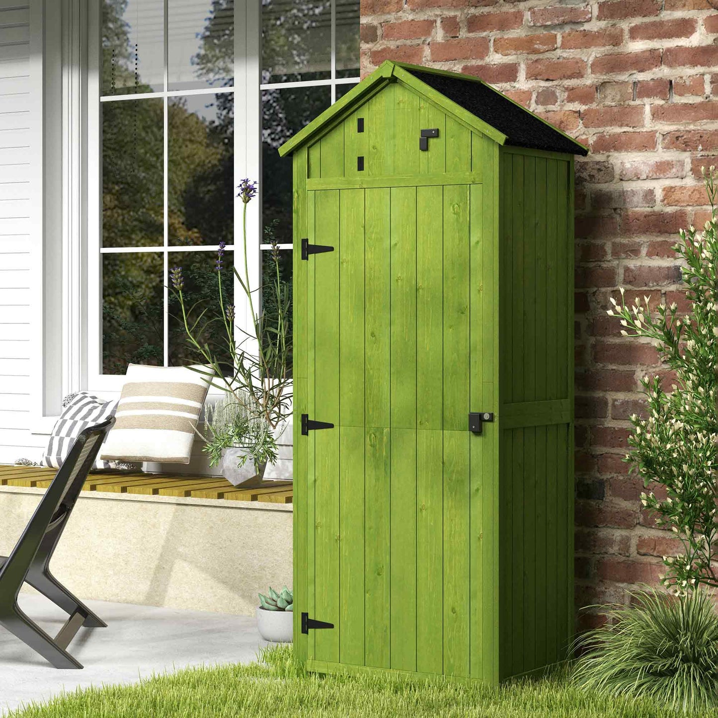 Outsunny Wooden Garden Shed, Utility Outdoor Small Shed with Lockable Double Doors, Shelves and Roof Hatch, Dark Green