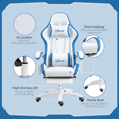 Vinsetto Computer Gaming Chair, PU Leather Desk Chair with Footrest, Swivel Task Chair with 135° Reclining Back and Lumbar Support, PC Chair for Adults, White and Blue