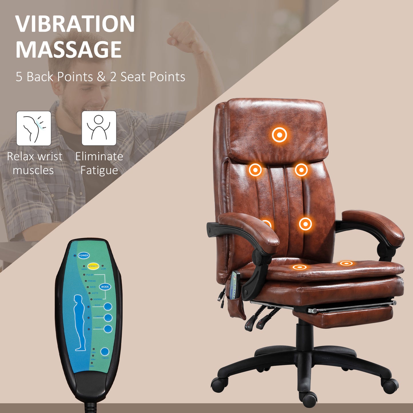 Vinsetto PU Leather Office Chair with 7 Point Vibrating Massage, Computer Desk Chair with Footrest, Adjustable Height, Reclining Back, Brown