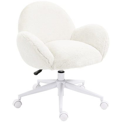 HOMCOM Makeup Vanity Chair, Cute Fluffy Desk Chair with Rolling Wheels for Bedroom Living Room, Cream White