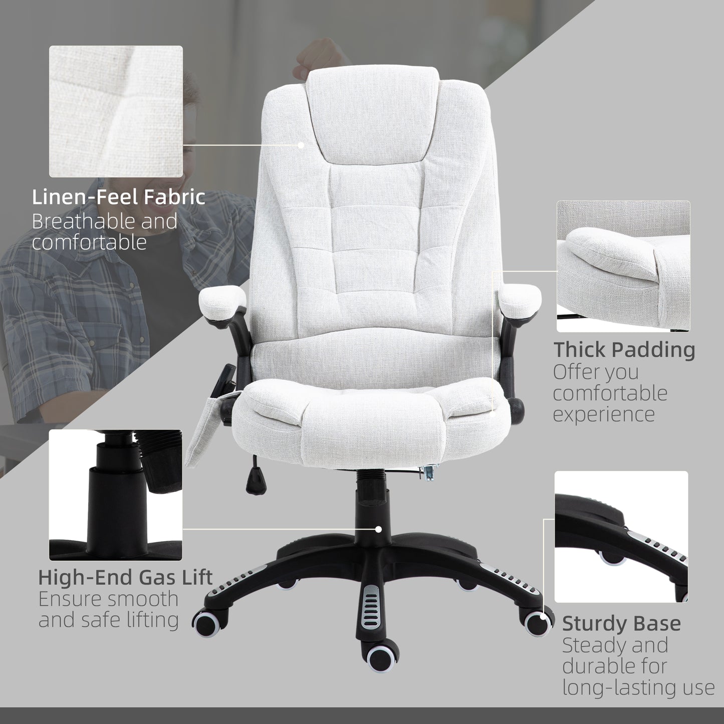 Vinsetto Massage Recliner Chair Heated Office Chair with Six Massage Points Linen-Feel Fabric 360° Swivel Wheels Cream White