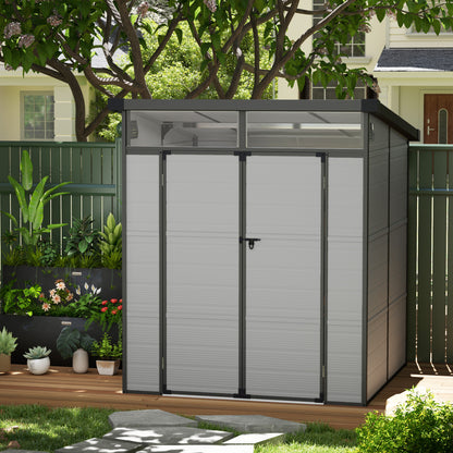 6 x 6ft Light Grey Outdoor Storage Shed, Plastic with Windows, Vents, and Latch Doors for Garden or Deck