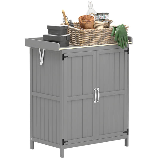 Grey Wooden Garden Shed, Outdoor Tool Storage with Hinged Roof, Shelf, and Double Doors