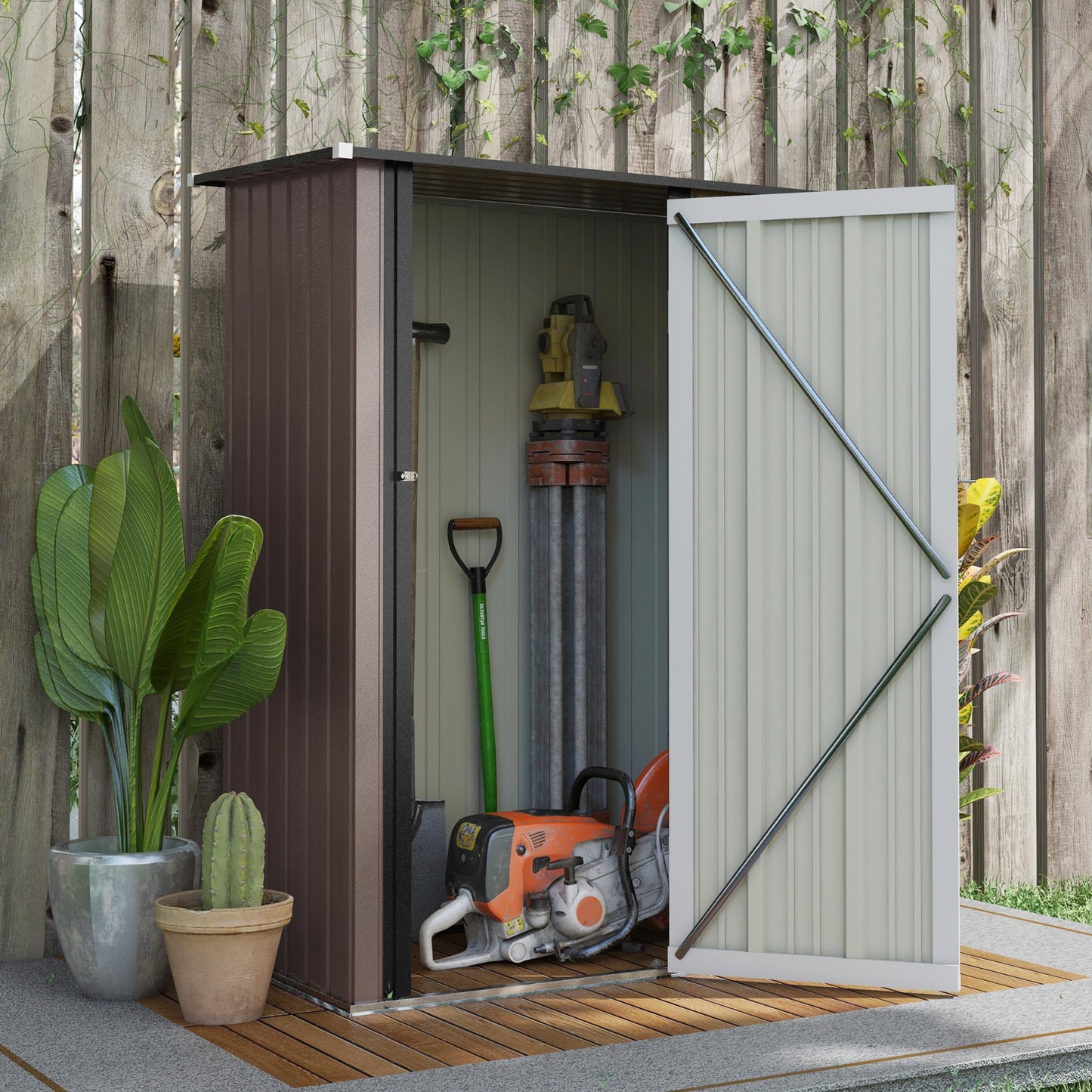 Outsunny 5ft x 3ft Metal Garden Storage Shed, Outdoor Tool Shed with Sloped Roof, Lockable Door for Tools, Equipment, Brown