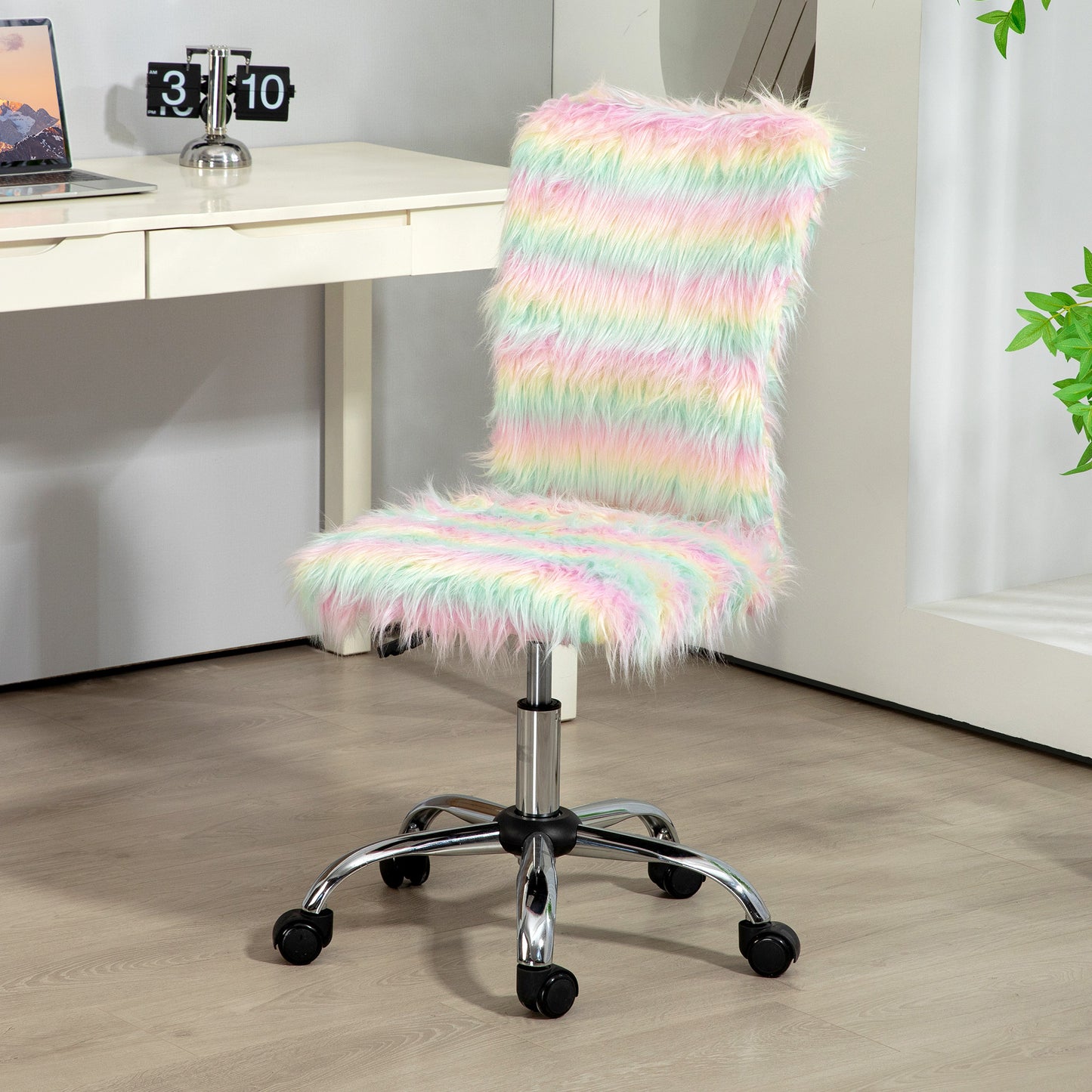 HOMCOM Fluffy Desk Chair, Armless Students Chair, Makeup Vanity Chair with Adjustable Height, Rolling Wheels for Home Study Bedroom, Unicorn Tone