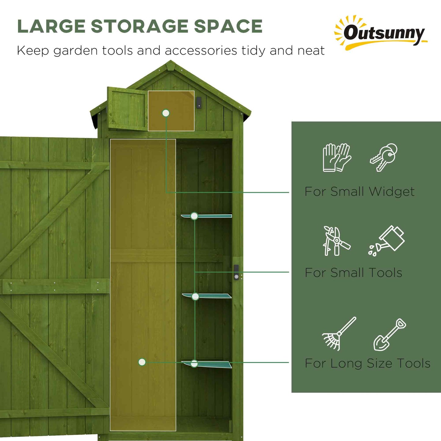 Outsunny Wooden Garden Shed, Utility Outdoor Small Shed with Lockable Double Doors, Shelves and Roof Hatch, Dark Green