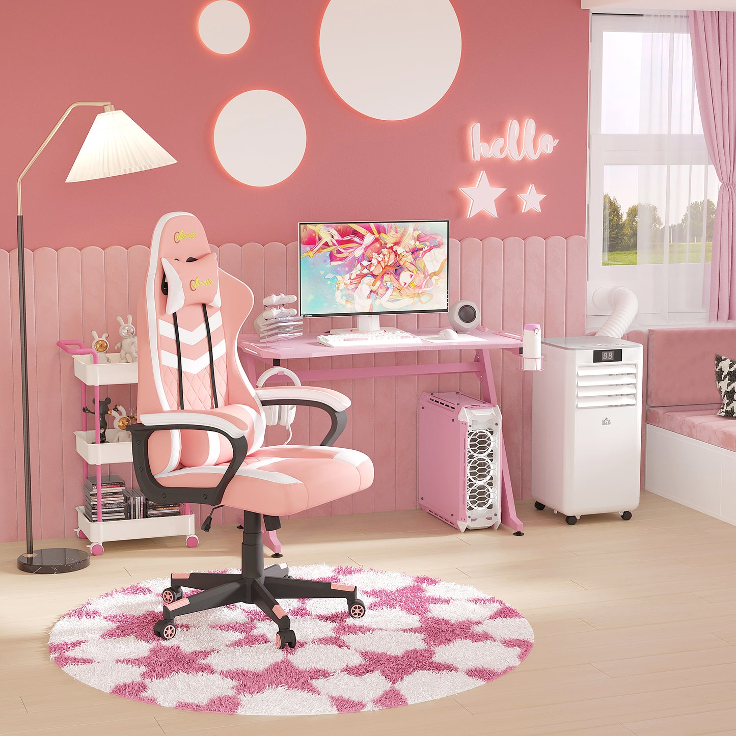 Vinsetto Gaming Chair, Computer Desk Chair with Lumbar Support, Faux Leather Racing Chair with Headrest and Swivel Wheels for Home Office, Pink