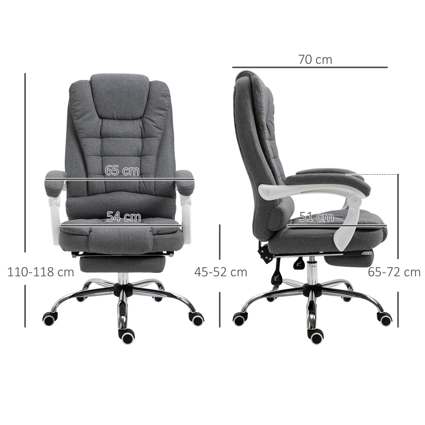 Vinsetto Office Chair, Computer Desk Chair, Linen Fabric Swivel Rolling Task Chair with Large Soft Padded Cushion, 135° Reclining Backrest and Retractable Footrest, Grey