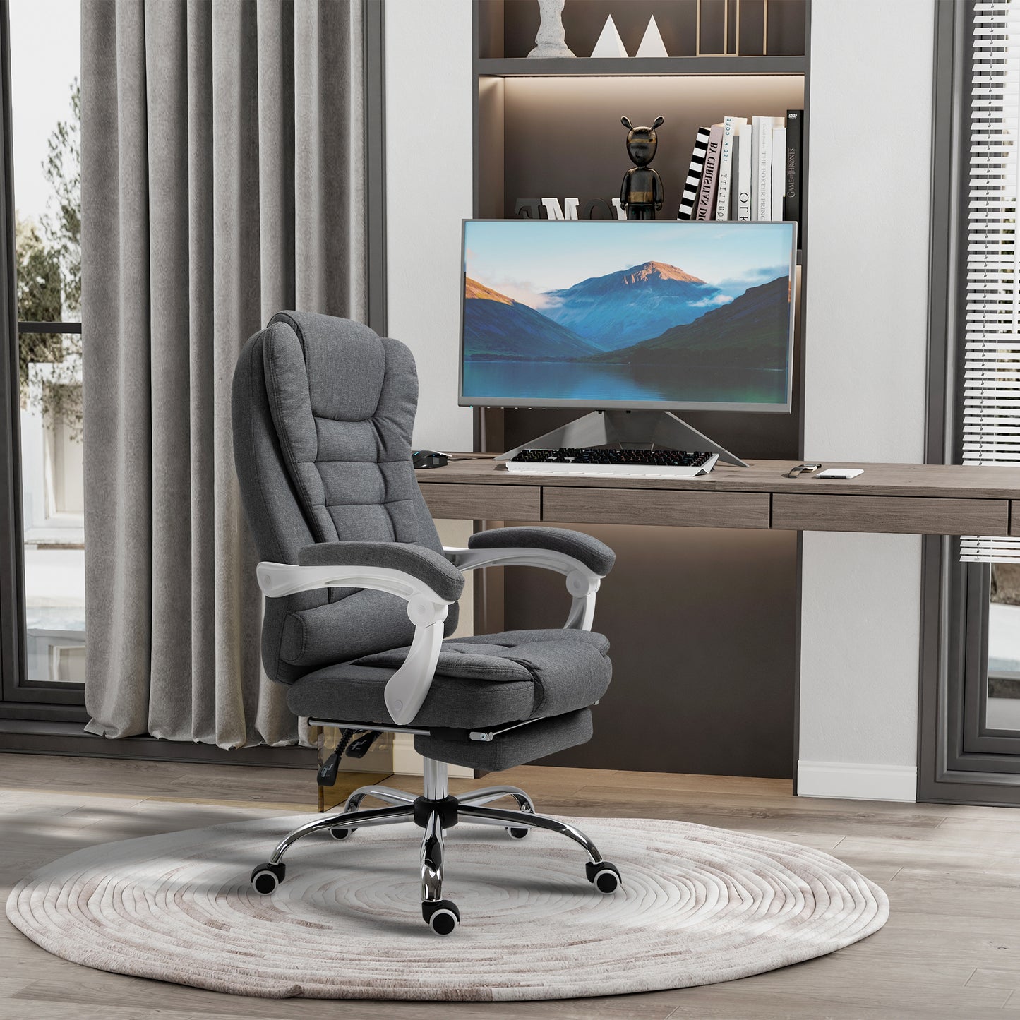 Vinsetto Office Chair, Computer Desk Chair, Linen Fabric Swivel Rolling Task Chair with Large Soft Padded Cushion, 135° Reclining Backrest and Retractable Footrest, Grey