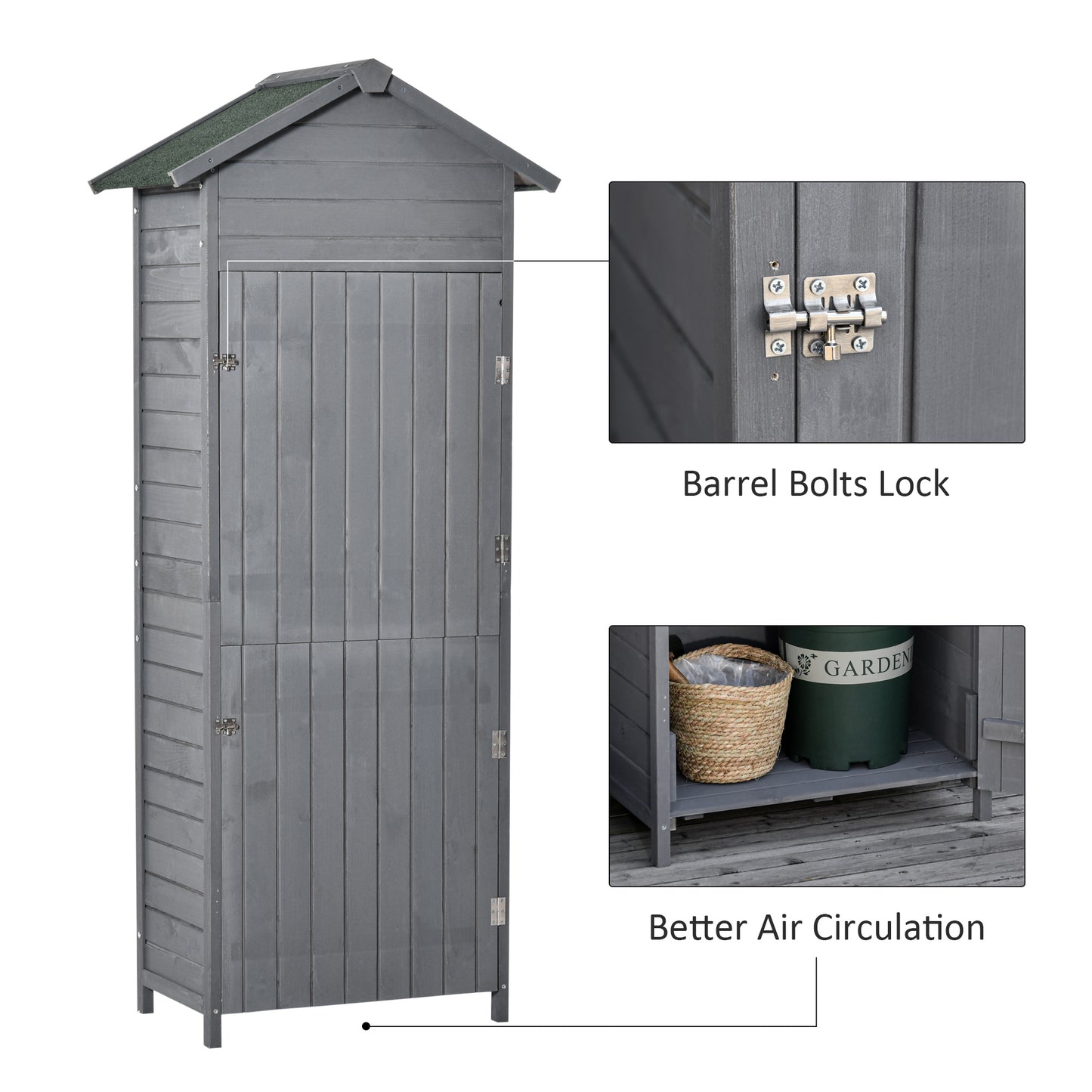 Outsunny Wooden Garden Storage Shed Utility Gardener Cabinet w/ 3 Shelves, Tilted-felt Roof and Two Lockable Doors, 79cm x 49cm x 191.5cm, Dark Grey