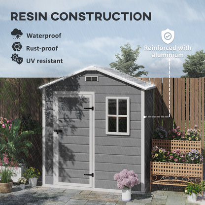 6 x 4ft Grey Plastic Garden Shed, with Floor, Window, Lockable Door, Vents, and Wood-Effect Resin for Outdoor Storage