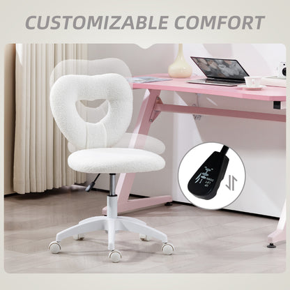 HOMCOM Armless Heart Computer Desk Chair, Teddy Fleece Swivel Office Chair, Makeup Vanity Chair with Height Adjustable, Wheels, for Home Study Bedroom, White