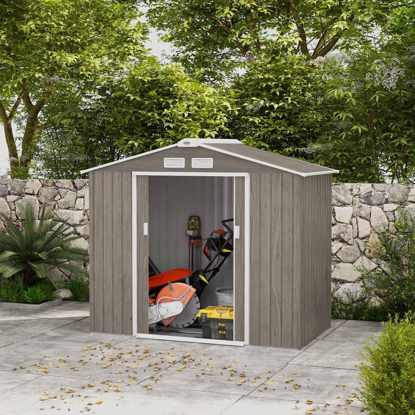 7 x 4ft Light Brown Metal Garden Storage Shed with Vents, Floor Foundation Kit, and Lockable Double Doors