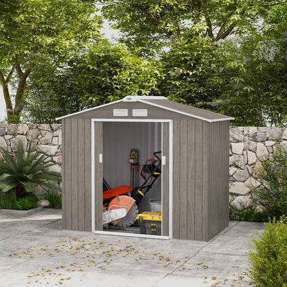 7 x 4ft Light Brown Metal Garden Storage Shed with Vents, Floor Foundation Kit, and Lockable Double Doors