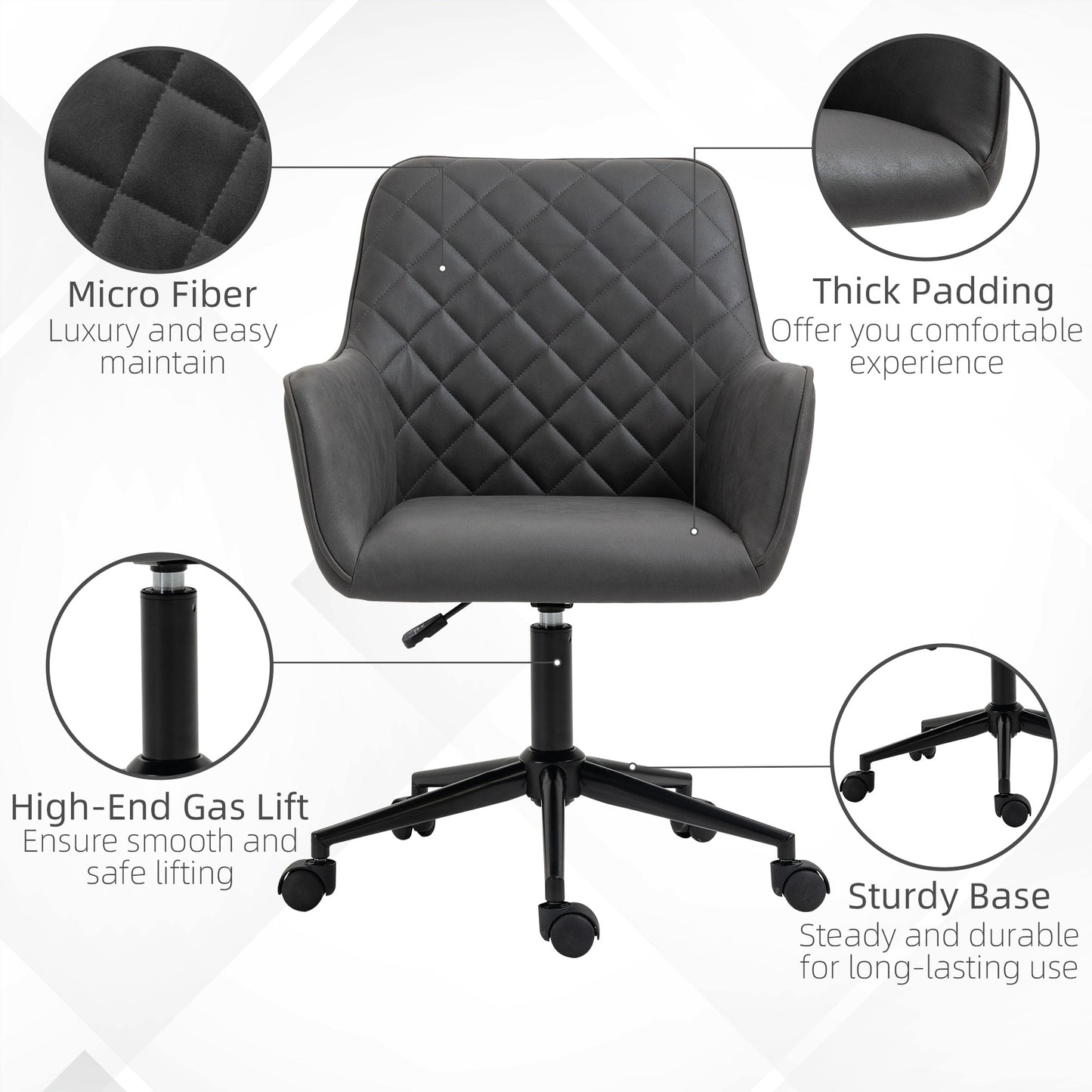 Vinsetto Office Desk Chair, Leather-Feel Fabric Computer Swivel Chair with Rolling Wheels and Adjustable Height for Home, Grey