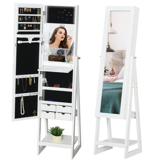 HOMCOM Jewellery Cabinet, Standing Mirror with LED Lights, Full-Length Mirror with Storage Drawers, Hooks and Shelves, Make-Up Armoire, Jewellery Organiser for Bedroom, White